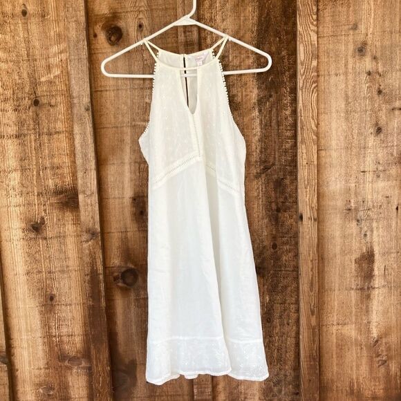 Candie's® Eyelet Lace Floral Pom-Pom Halter Cut out Ruffle Keyhole Swing Dress - Picture 3 of 7